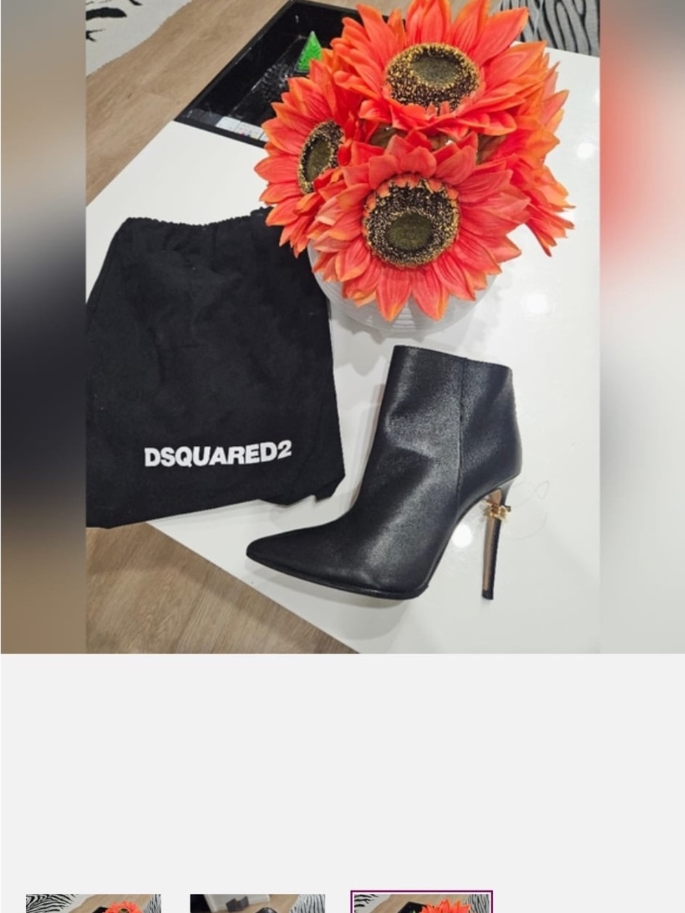 DSQUARED2 Black Leather Pointed Stiletto Ankle Boot with Gold Heel Accent